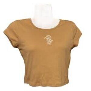 Social Scene Tan Brown Embroidered Rose Crop Top sz S EUC